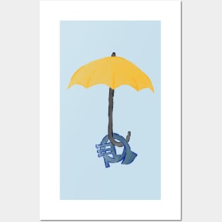 Yellow umbrella and blue horn - blue Posters and Art